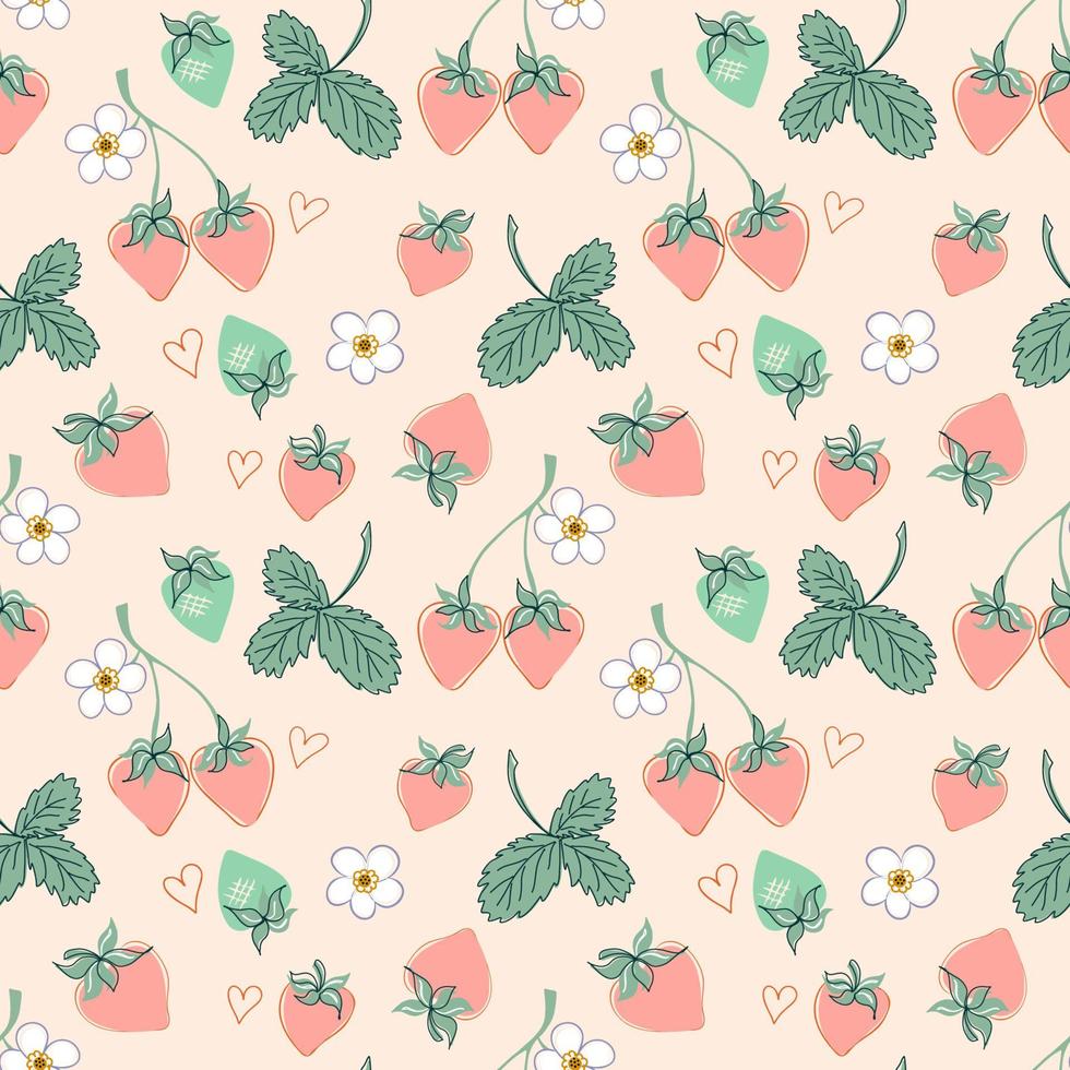 zoet aardbei naadloos patroon in eenvoudige handgetekende stijl. roze bessen, groene bladeren, witte bloemen op lichte achtergrond. digitale vectorillustratie voor textiel, verpakking, zomerverkoopbanner. vector