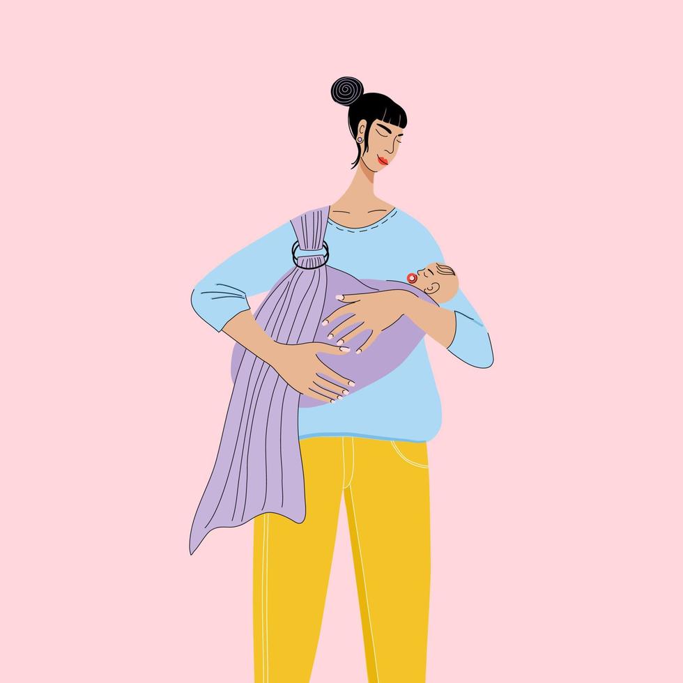 vectorillustratie van jonge vrouw en baby in draagdoek. kleurrijk portret in de hand getekende stijl. concept van zwangerschap en moederschap. vector