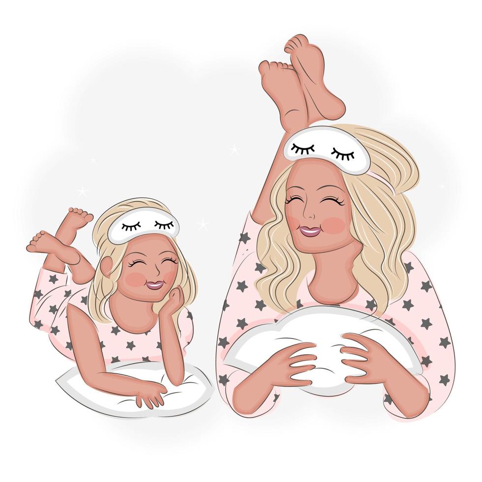 moeder en dochter in pyjama, in bed, pyjamafeestje, schattige vectorillustratie vector