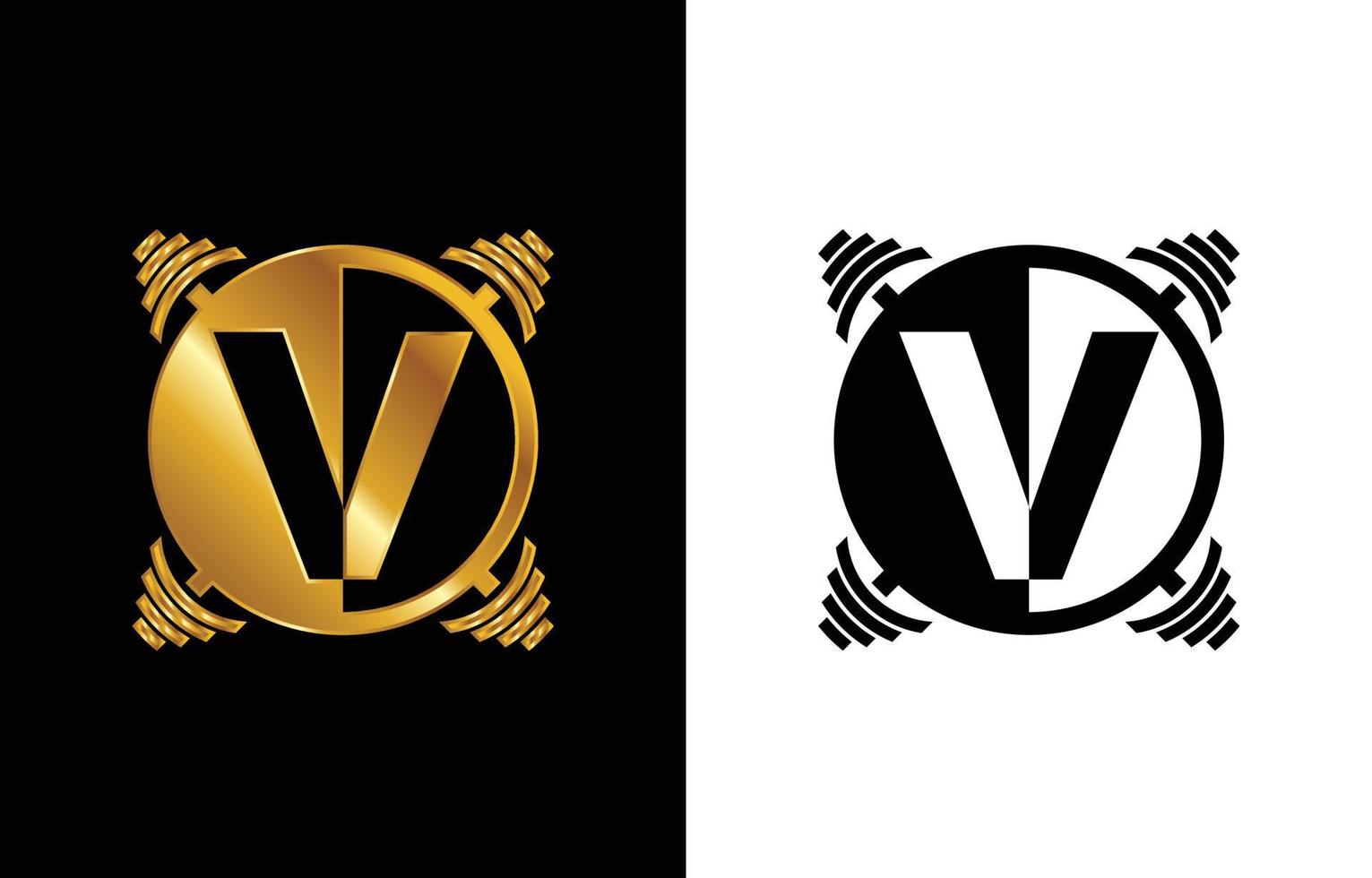 aanvankelijk v-monogramalfabet met een barbell. het opheffen van vectorembleemontwerp. modern vectorlogo voor bodybuilding, sportschool, fitnessclub, bedrijf en bedrijfsidentiteit vector