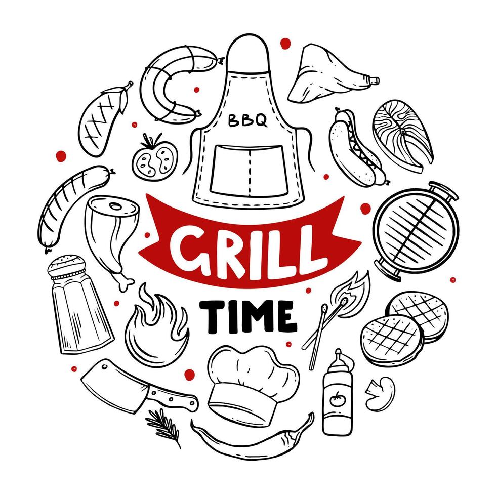 grill tijd handgetekende menu-items van restaurant bar café vectorillustratie van barbecue eten doodles vector