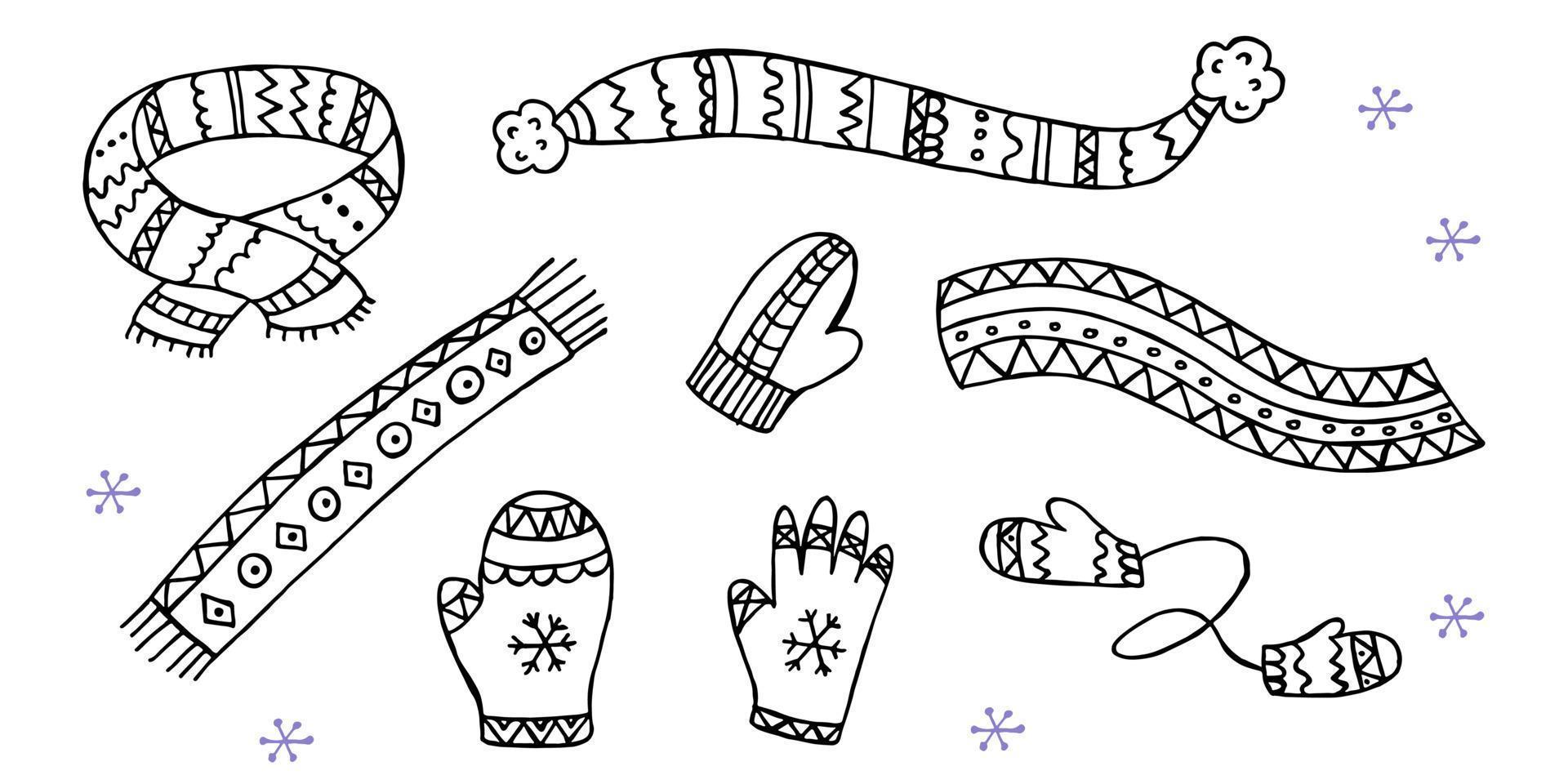 een set handgetekende winterkleding. vectorillustratie in doodle stijl. winterse stemming. hallo 2023. prettige kerstdagen en gelukkig nieuwjaar. zwarte en paarse sjaals, wanten en handschoen op een witte achtergrond. vector