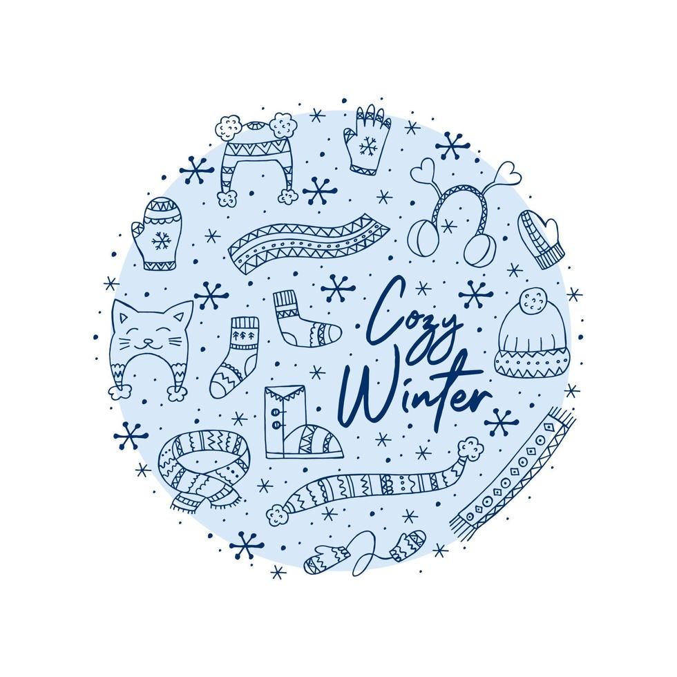 een set handgetekende winterkleding. vectorillustratie in doodle stijl. winterse stemming. hallo 2023. prettige kerstdagen en gelukkig nieuwjaar. blauwe elementen in de vorm van een cirkel op een witte achtergrond. vector