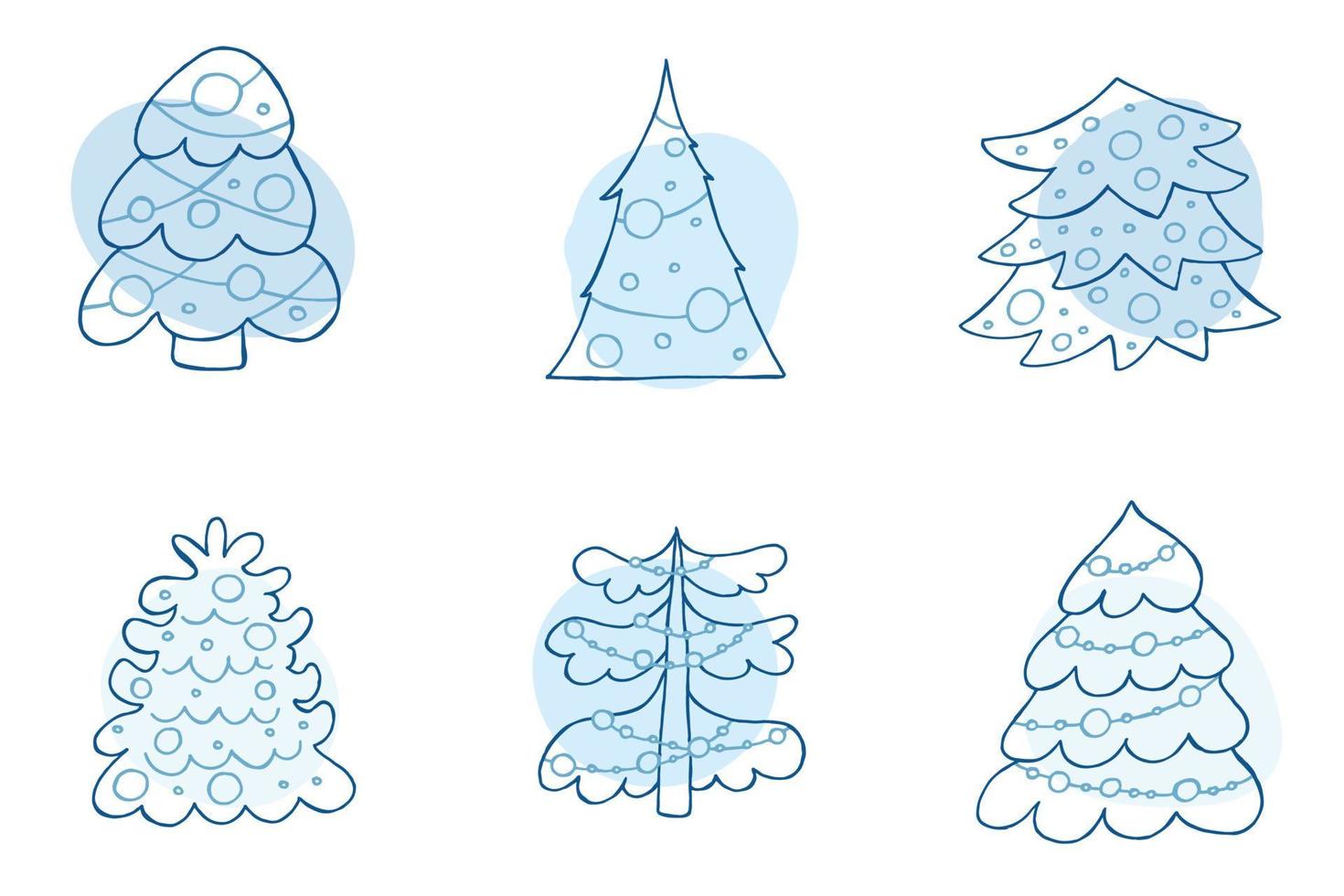een set van handgetekende kerstbomen. vectorillustratie in doodle stijl. winterse stemming. hallo 2023. prettige kerstdagen en gelukkig nieuwjaar. blauwe elementen op een witte achtergrond. vector