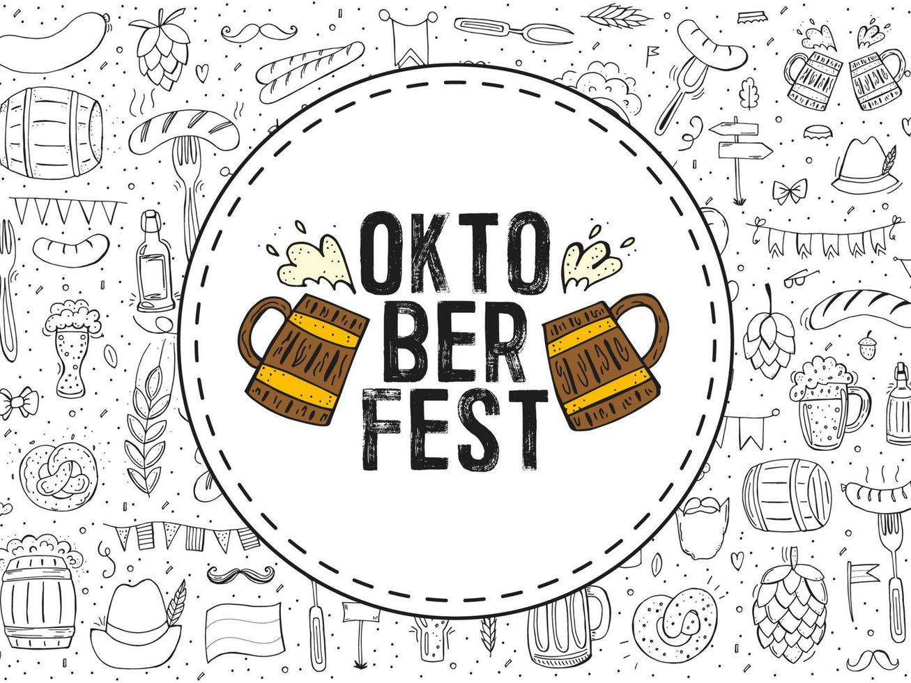 oktoberfest 2022 - bierfestival. handgetekende doodle elementen. Duitse traditionele vakantie. rond embleem met bierpullen en tekst met een patroon van overzichtselementen. vector