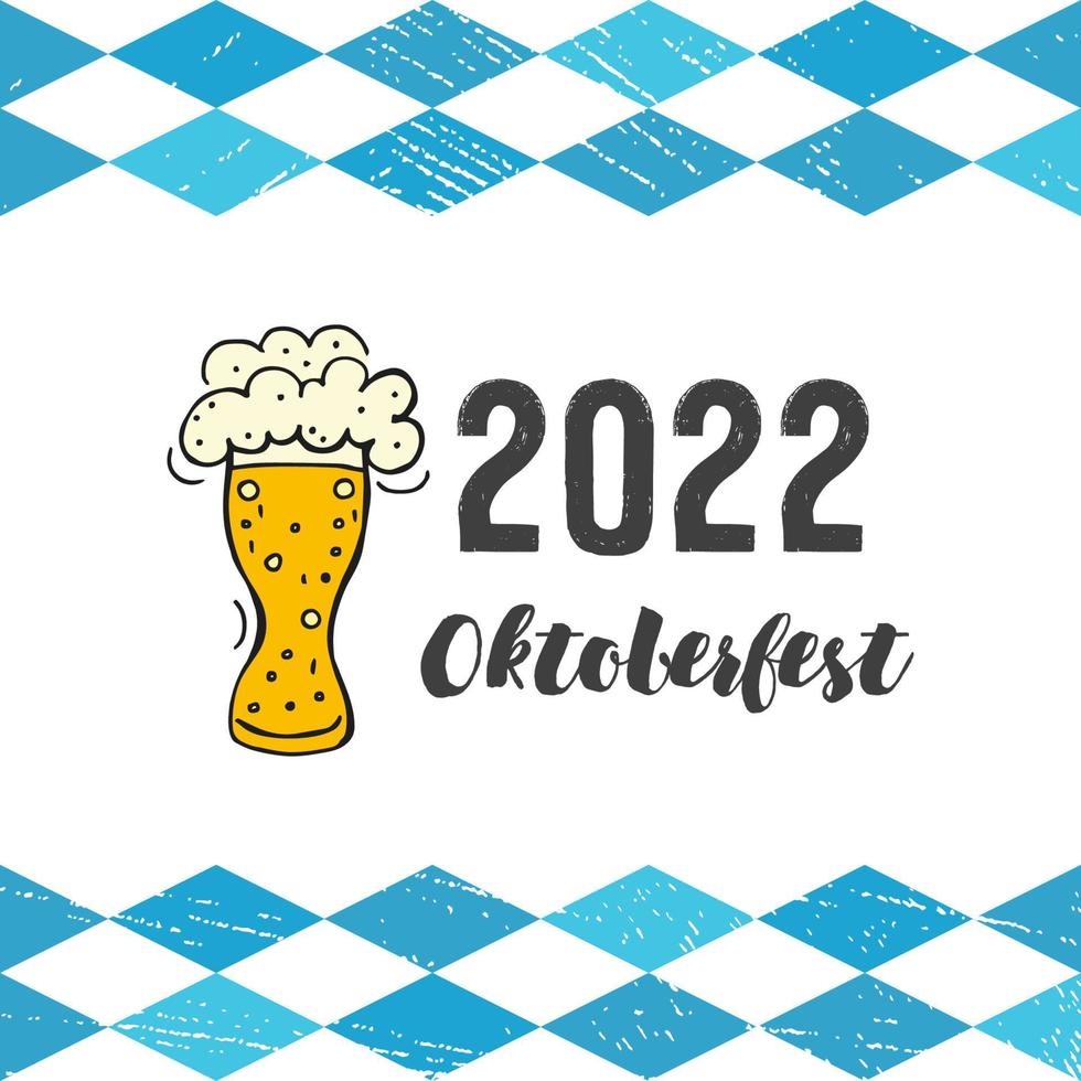 oktoberfest 2022 - bierfestival. handgetekende doodle elementen. Duitse traditionele vakantie. glazen mok bier op een witte achtergrond met blauwe ruiten en belettering. vector