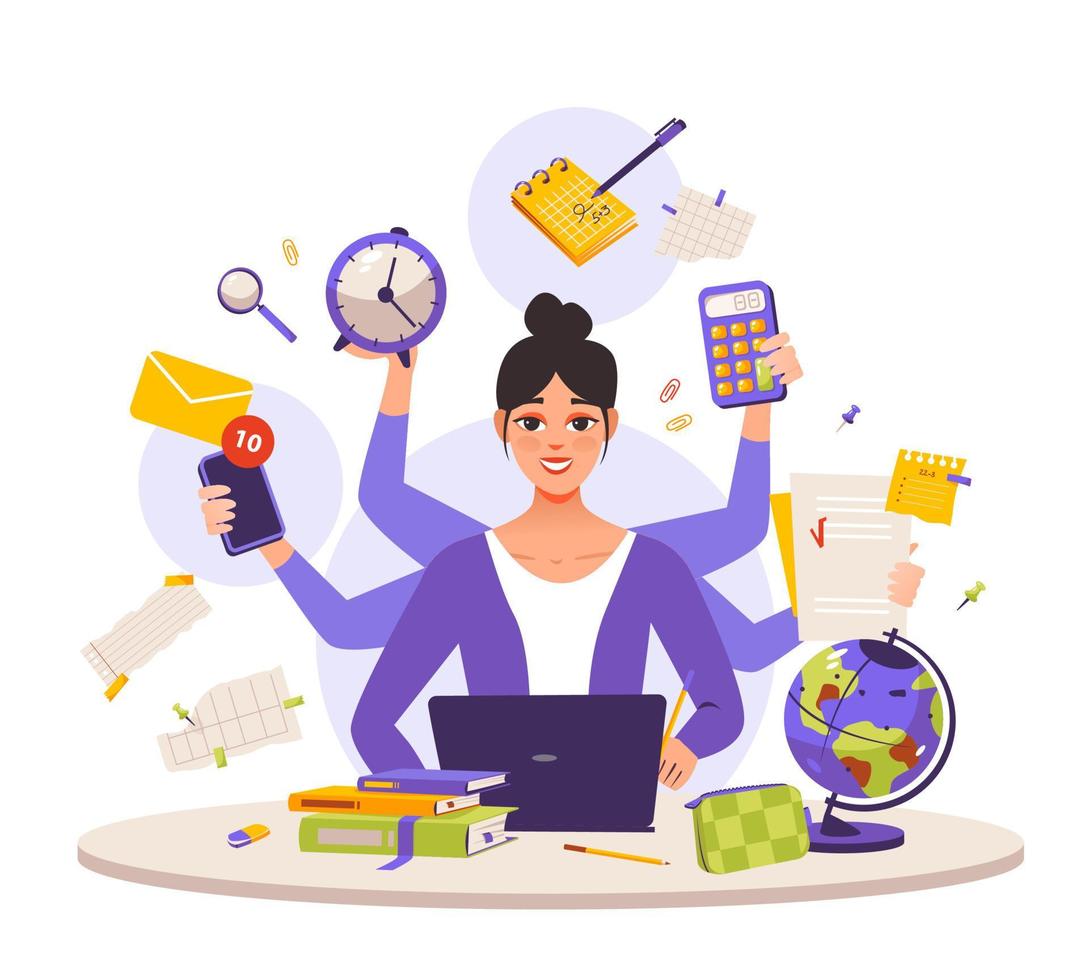 multitasking, persoonlijke productiviteit. een multitasking zakenvrouw op een laptop, druk aan het werk op kantoor. een druk meisje dat veel handen heeft om meerdere taken tegelijk te doen. freelancer. vector