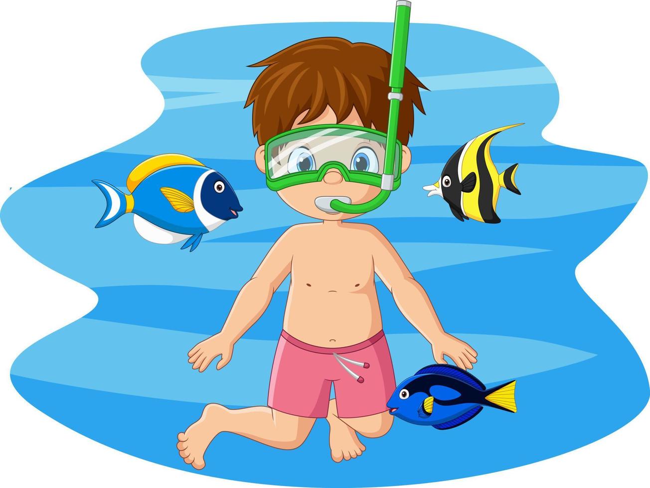 cartoon kleine jongen die onder water duikt met tropische vissen vector