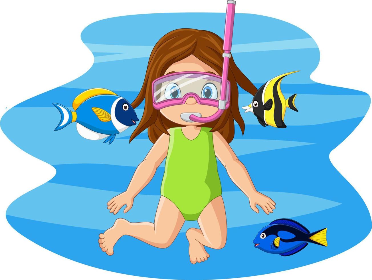 cartoon klein meisje duiken onder water met tropische vissen vector
