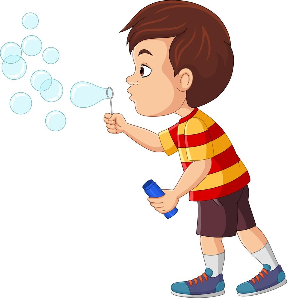 tekenfilm kleine jongen die zeepbellen blaast vector