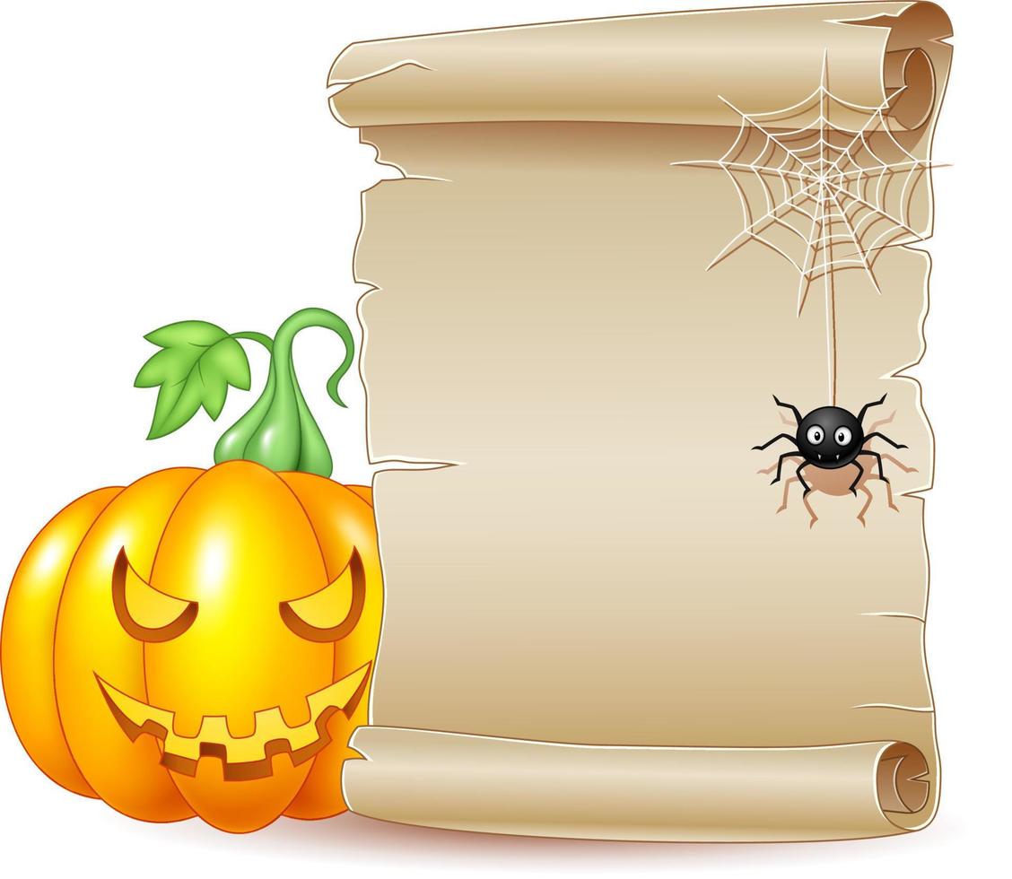 halloween scroll banner met enge pompoen en spin vector