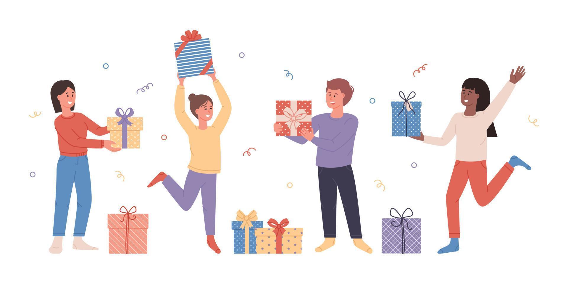 vrouwen en man houden geschenkdozen lachend plezier met vrienden geïsoleerd. mensen met cadeautjes. vector