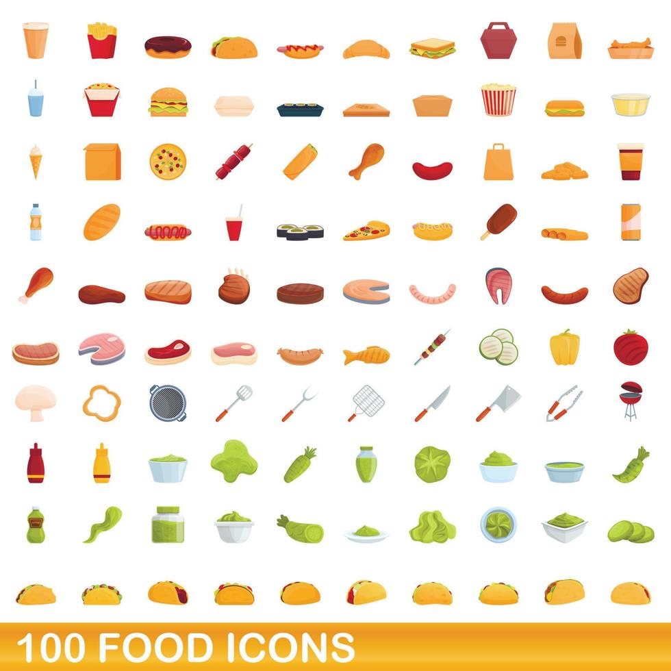 100 voedsel iconen set, cartoon stijl vector