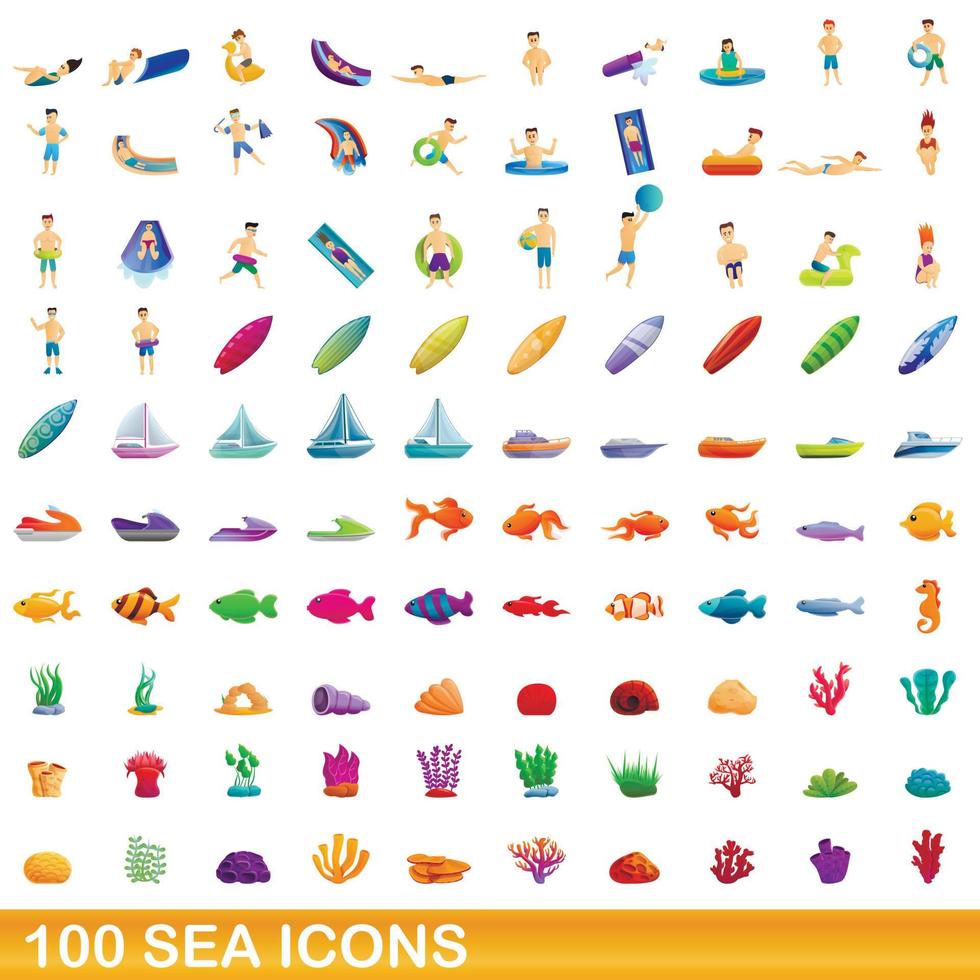 100 zee iconen set, cartoon stijl vector