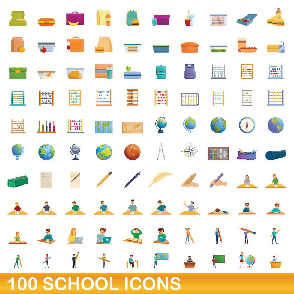 100 school iconen set, cartoon stijl vector