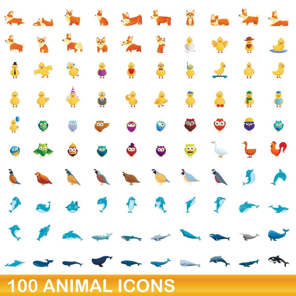 100 dieren iconen set, cartoon stijl vector