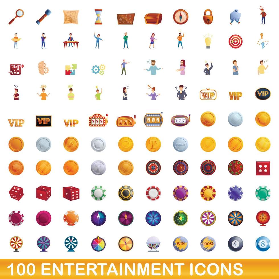 100 entertainment iconen set, cartoon stijl vector