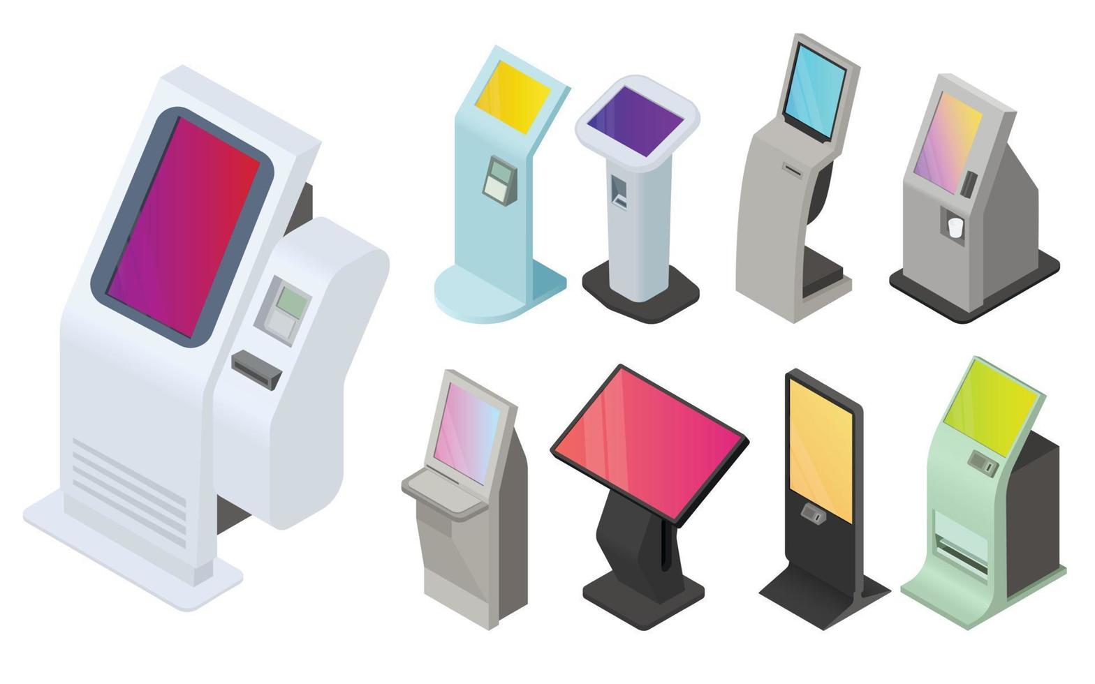 kiosk iconen set, isometrische stijl vector