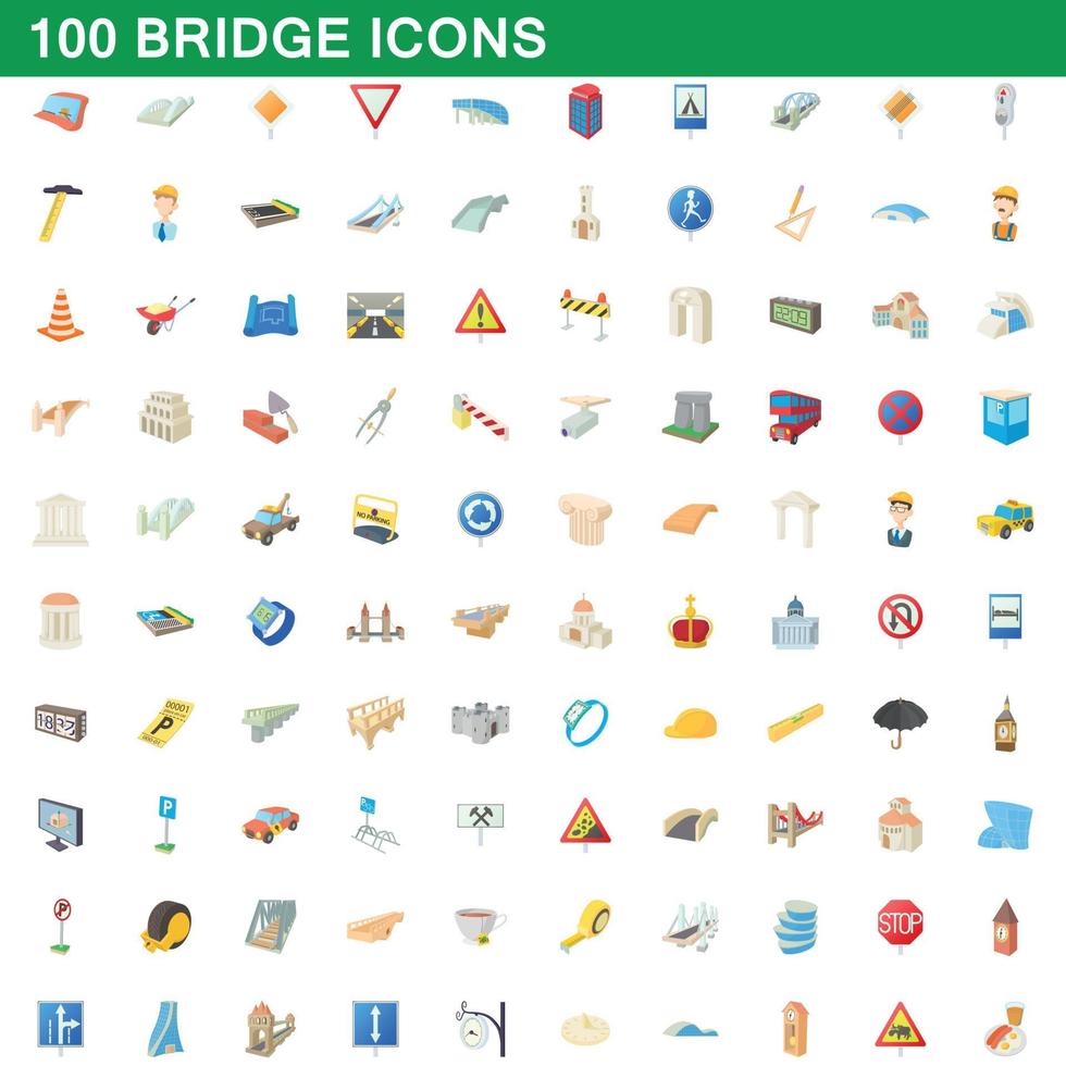 100 brug iconen set, cartoon stijl vector