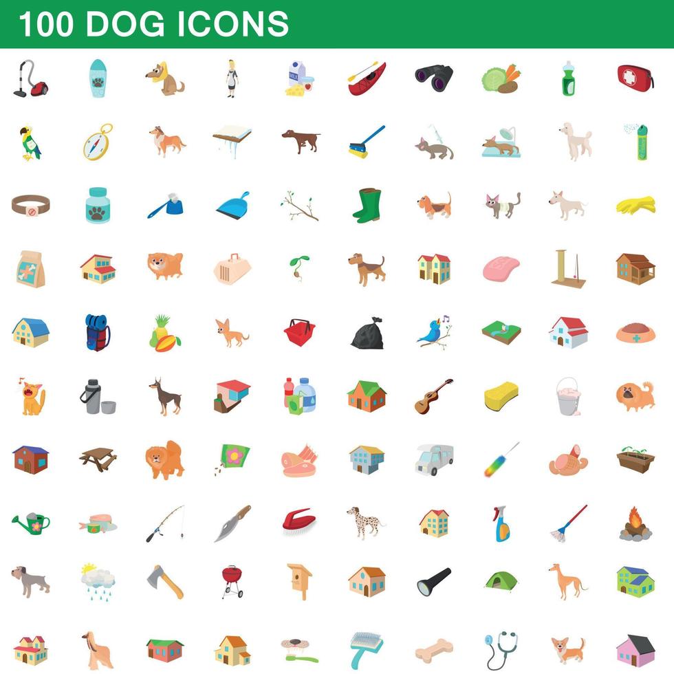 100 hond iconen set, cartoon stijl vector