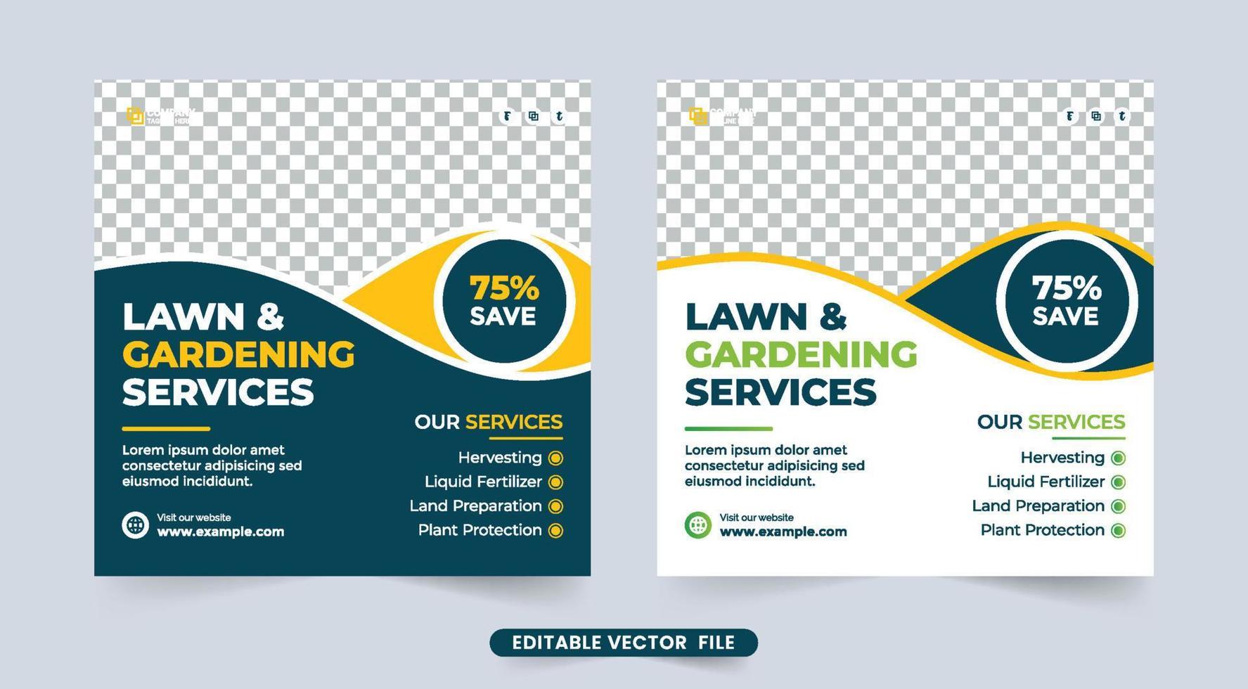 gazon en tuinieren service social media post design. landbouw en landbouwbedrijf advertentie flyer vector. grasmaaier en oogstwerk service korting social media banner sjabloon. vector