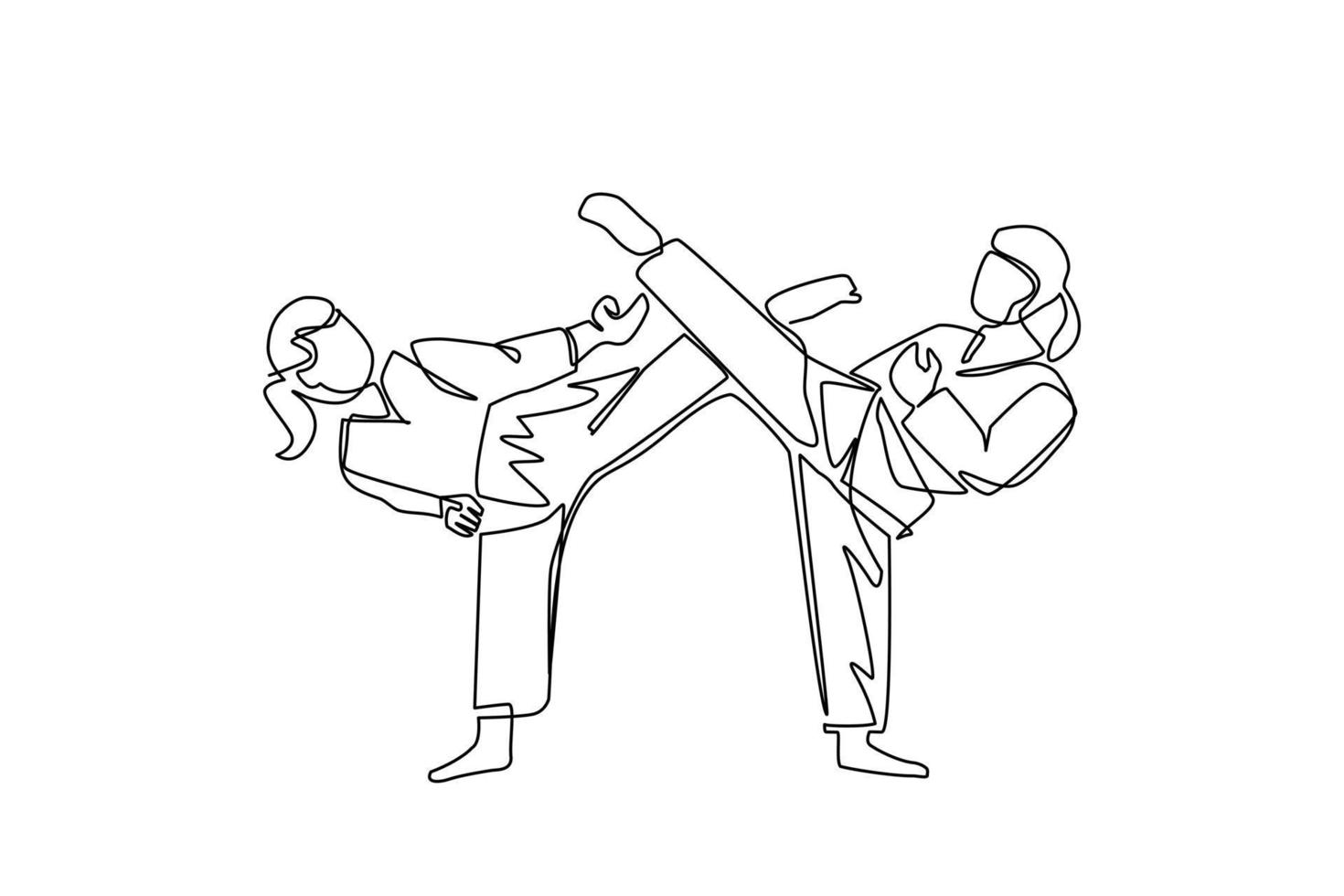 enkele doorlopende lijntekening twee vrouwelijke karatevechters klaar om te vechten. professionele karatesportvechters die staan te vechten om samen karate te beoefenen. één lijn tekenen ontwerp vectorillustratie vector