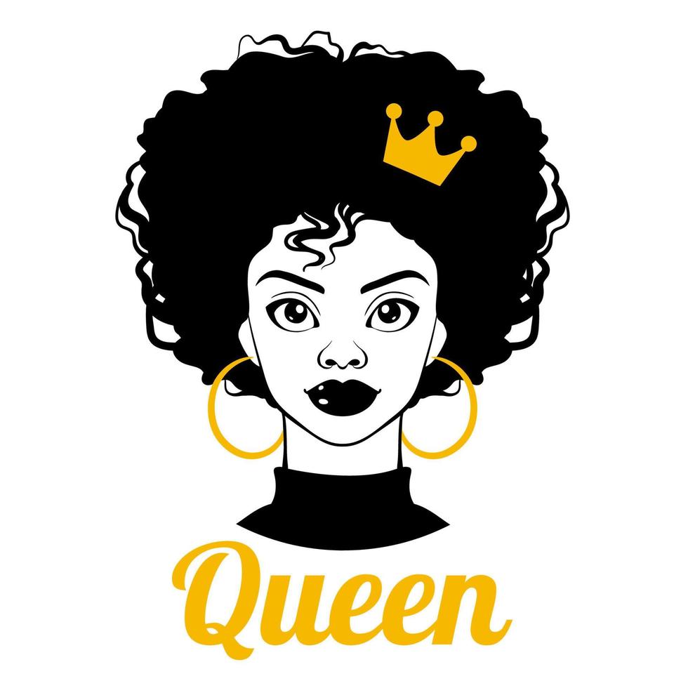 zwarte koningin. zwarte vrouw. Afro-Amerikaans meisje. krullend haar, gouden oorbellen en kroon. mode illustratie op witte achtergrond vector