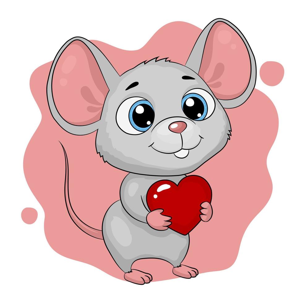 schattige cartoonmuis met een hart in handen. wenskaart, vectorillustratie vector