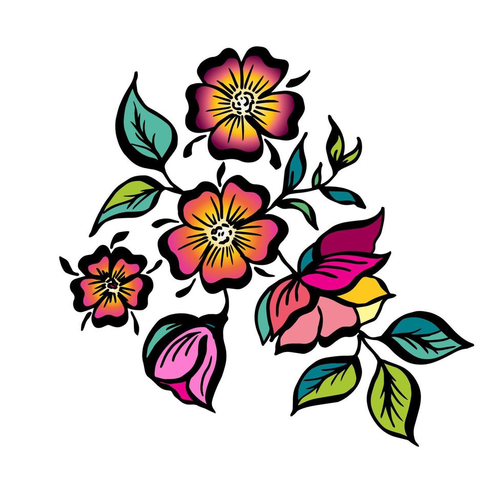 vector handgeschilderde vintage bloemen met krullen geïsoleerd op een witte achtergrond