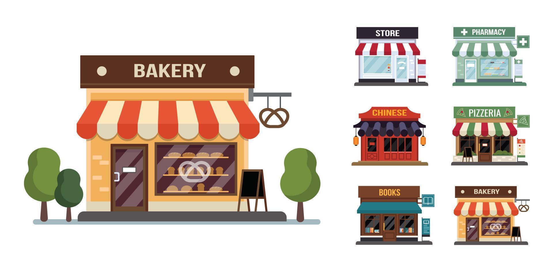 vlakke stijl winkel kleine kleine icon set. Chinees, bakkerij, pizza, apotheek, boeken, winkel. vector
