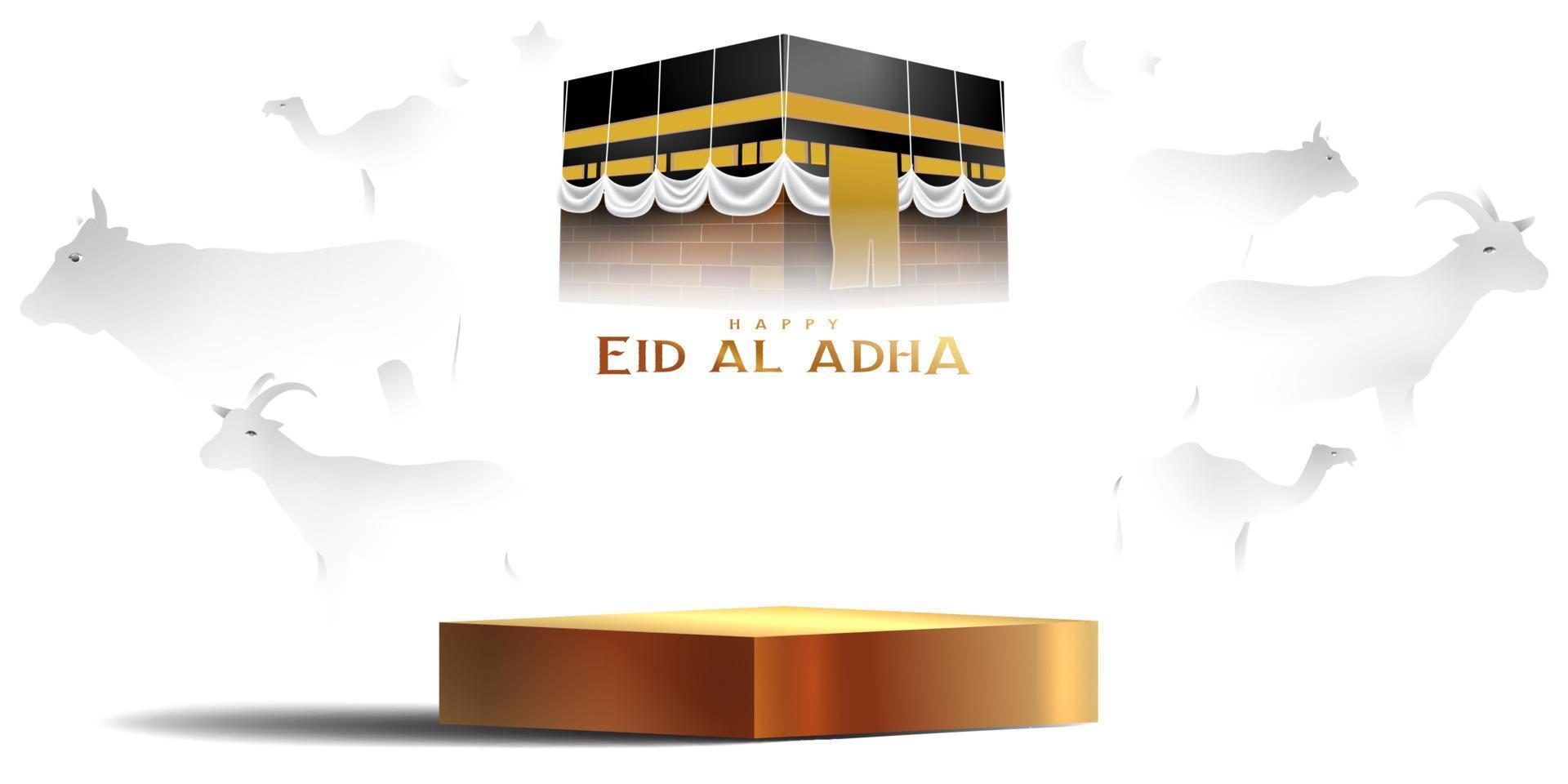 eid al adha islamitische decoratie podium achtergrond weergeven met geit, kameel, koe, maan en ster. product showcase voor ramadan kareem, mawlid, eid al fitr, muharram vector