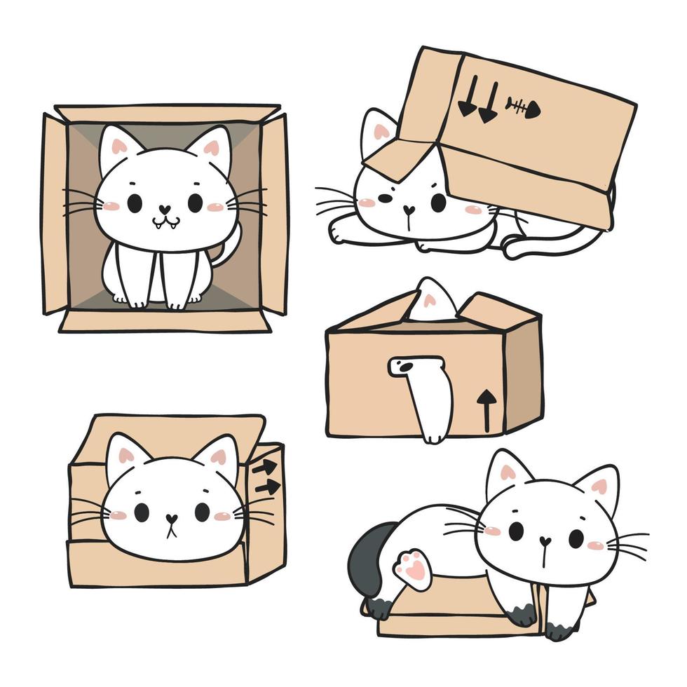 leuke grappige speelse witte kat in kartonnen dozen collectie, schattige cartoon kat gezelschapsdier hand getekende vector