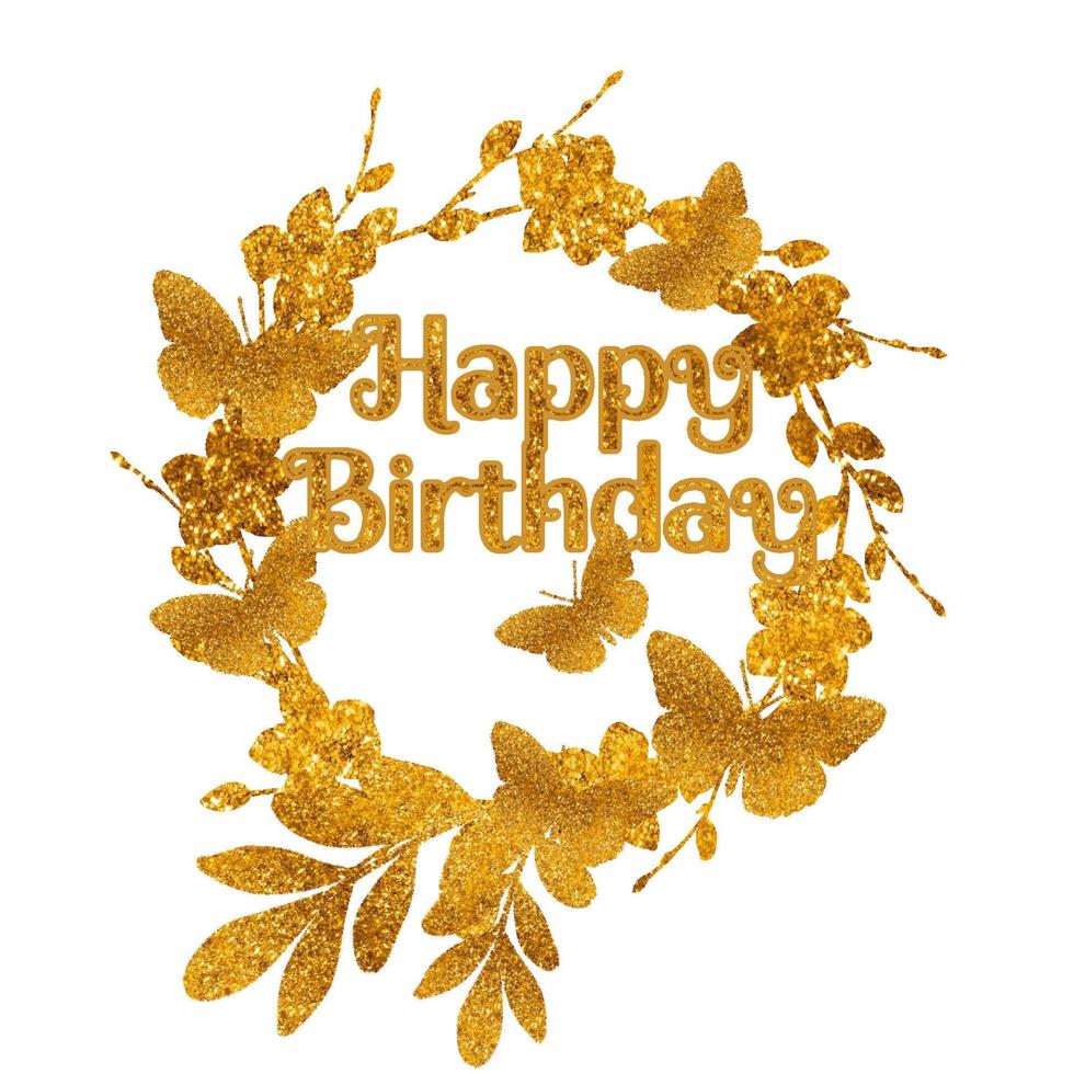 gouden krans met bloemen en vlinder. taart topper. gelukkige verjaardag. vector