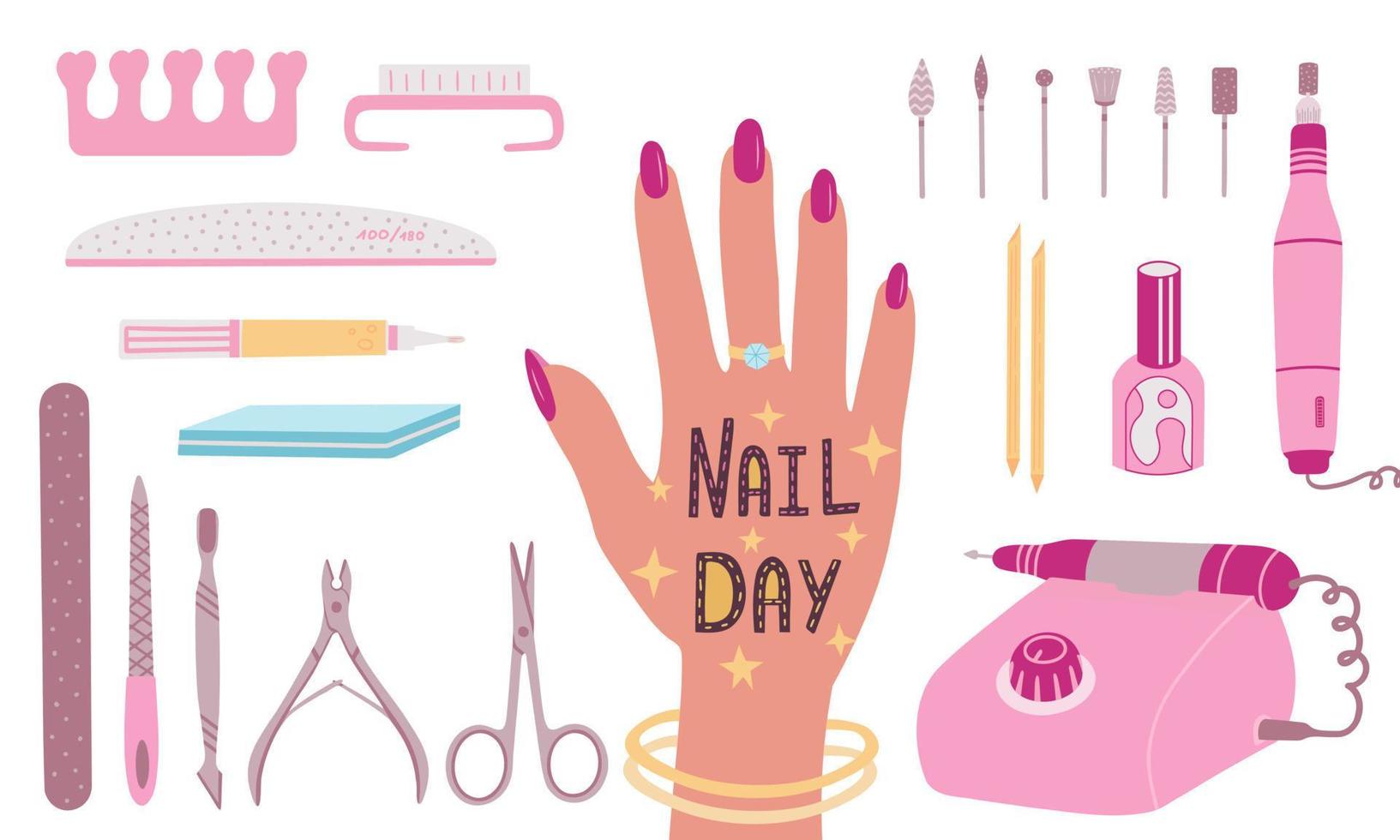 manicureset, nageldag, hardwaremanicure, schoonheidsnagels. illustratie voor afdrukken, achtergronden, covers, verpakkingen, wenskaarten, posters en stickers. geïsoleerd op een witte achtergrond. vector