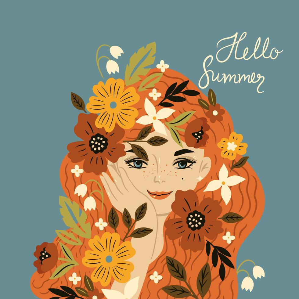 ansichtkaart met een portret van een meisje met bloemen in het haar. vectorafbeeldingen. vector