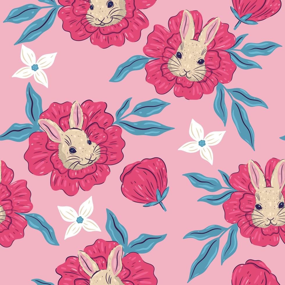 naadloos patroon met konijnengezichten en bloemen. vectorafbeeldingen. vector