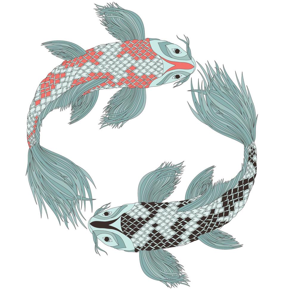 twee grijze Japanse karpers in de stijl van feng shui-symbolen. gekleurde vissen als sterrenbeeld. kleur illustratie. vector