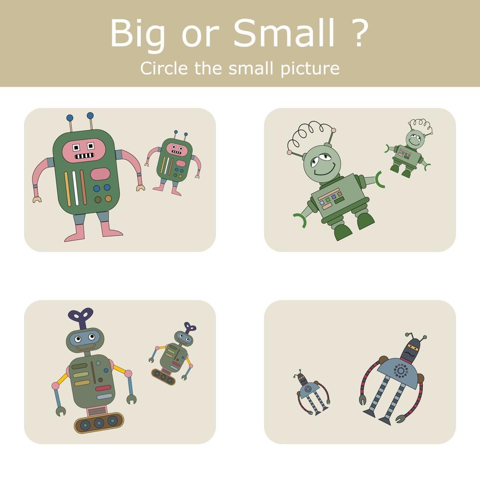 match de robots op maat groot of klein. educatief spel voor kinderen. vector