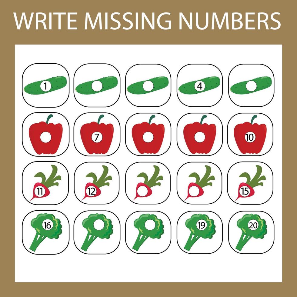 de taak is om de verloren getallen van 1 tot 20 te schrijven. educatieve oefeningen voor kleuters vector
