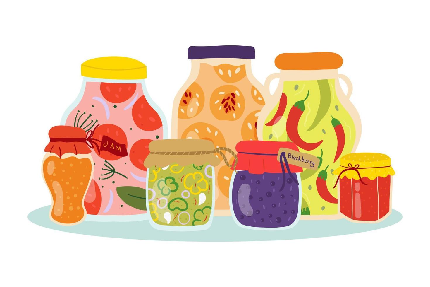 zelfgemaakte potten voor het bewaren van fruit en groenten. een set glazen potten met ingeblikte groenten, compotes en bessenjam. winter benodigdheden. herfst oogstseizoen. vector