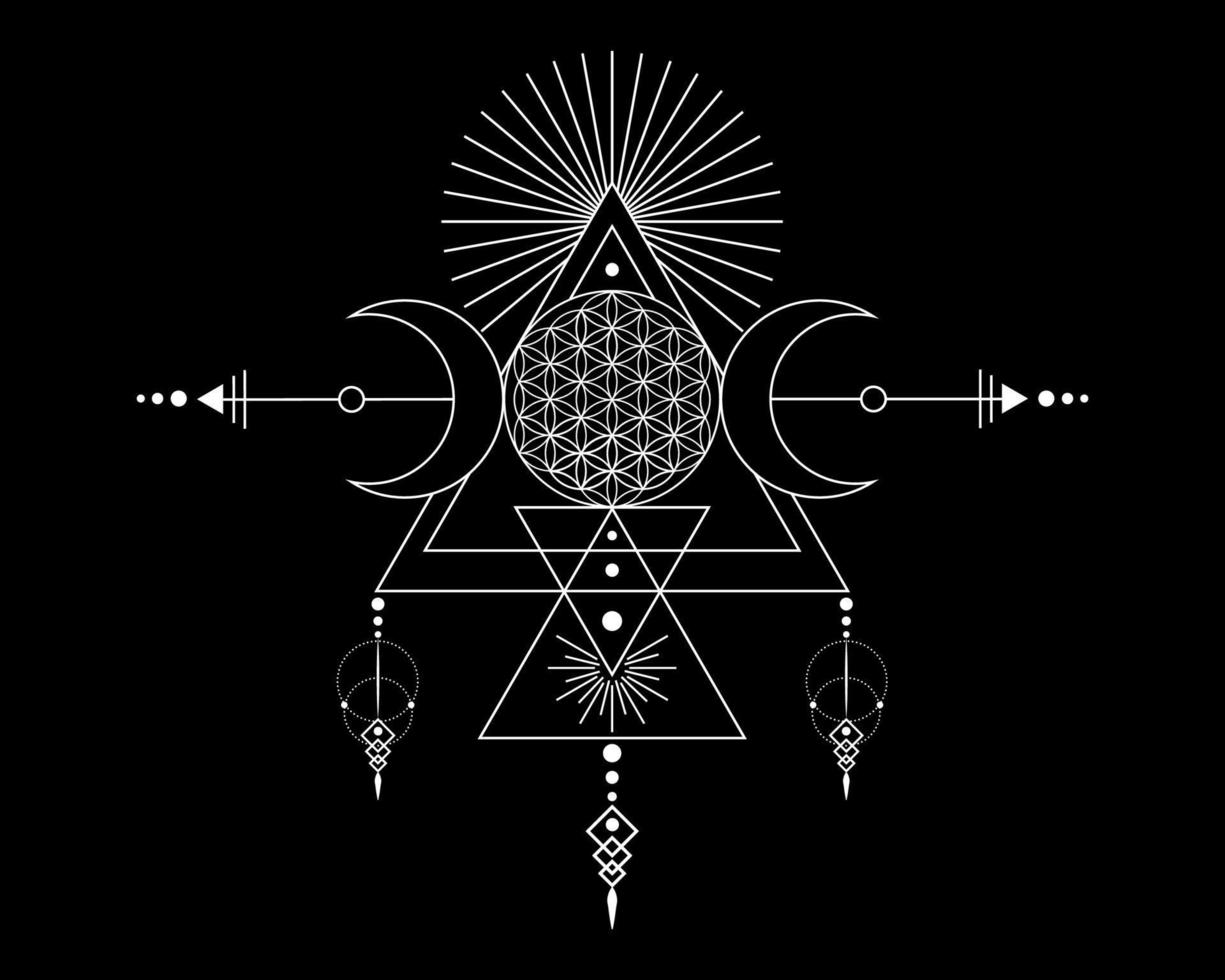 drievoudige godin en bloem van het leven, heilige geometrie, tribale driehoeken, maanstanden in sjamaan boho-stijl. tatoeage, astrologie, alchemie en magische symbolen. vector geïsoleerd op zwarte achtergrond