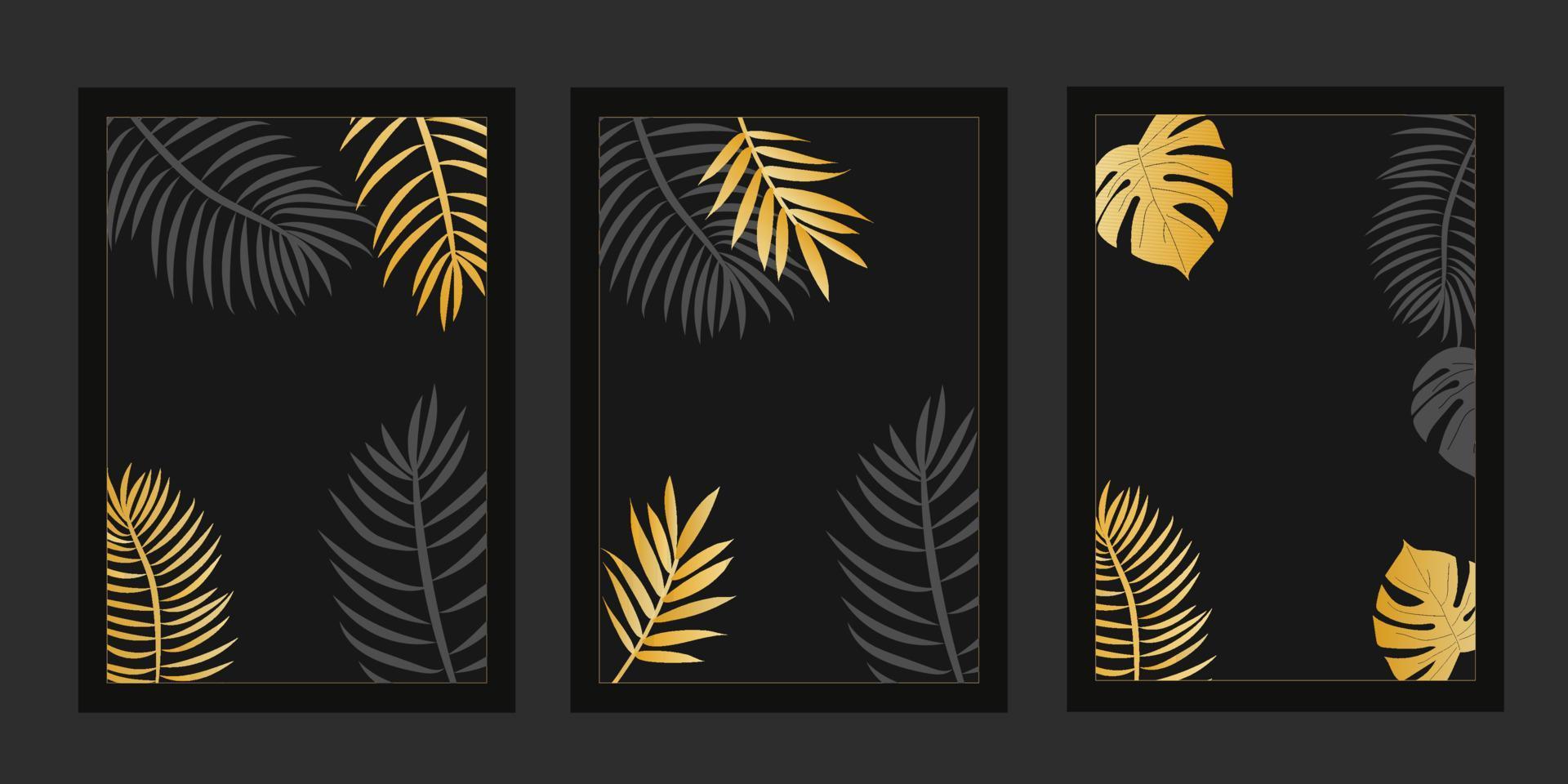 moderne en luxe sjablonen in zwarte en gouden kleur, geschikt voor ansichtkaarten, posters, banners, achtergronden. met gouden bladeren en palmbladeren vector