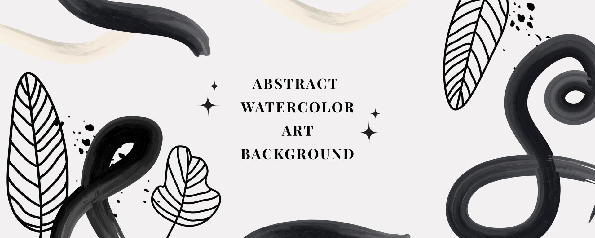 vector achtergrond van aquarel kunst. behangontwerp met een borstel. zwarte, gele, witte penselen, cirkels, palmbladeren, abstracte vormen. aquarelillustratie voor afdrukken, muurtekeningen