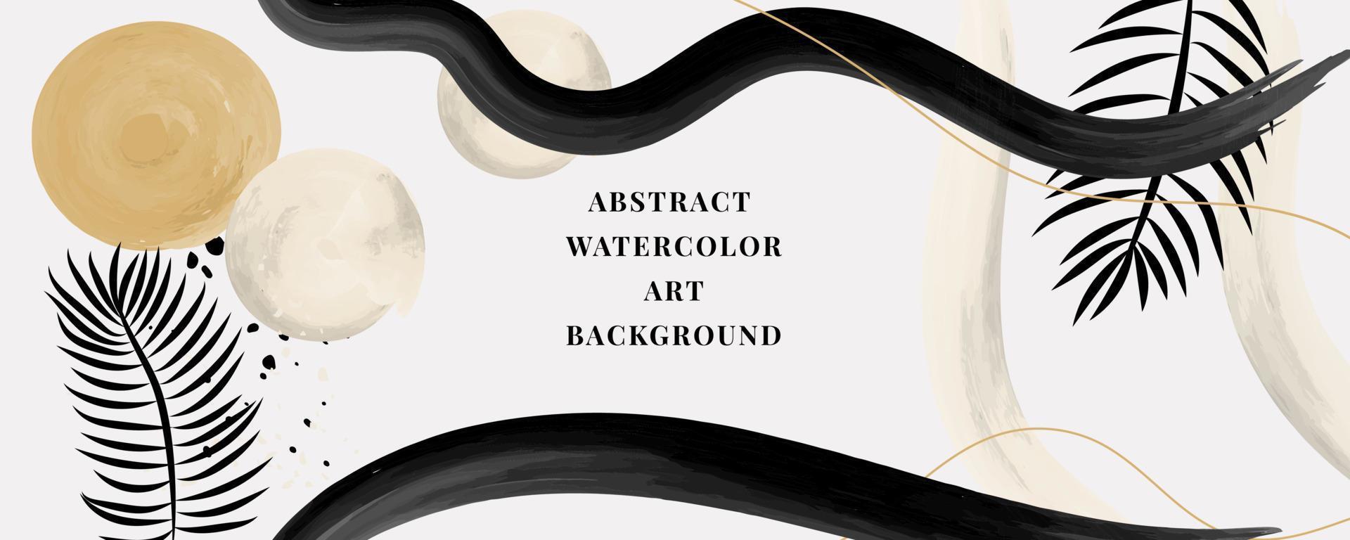 vector achtergrond van aquarel kunst. behangontwerp met een borstel. zwarte, gele, witte penselen, cirkels, palmbladeren, abstracte vormen. aquarelillustratie voor afdrukken, muurtekeningen, omslagen