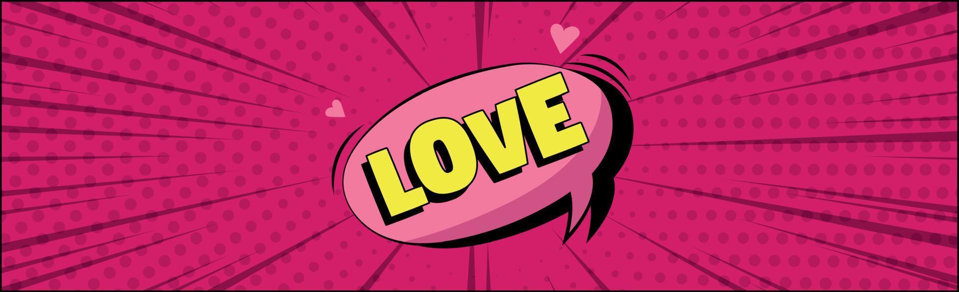 komische zoom inscriptie liefde op een gekleurde achtergrond - vector