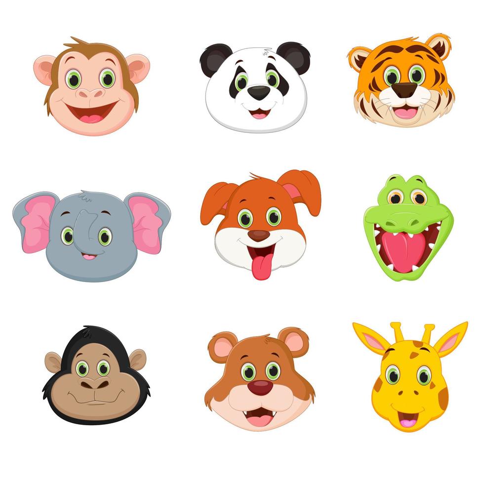 schattig hoofd dierlijk beeldverhaal set. leeuw. olifant. panda. aap. tijger. aligator. giraffe. hond. vector illustratie