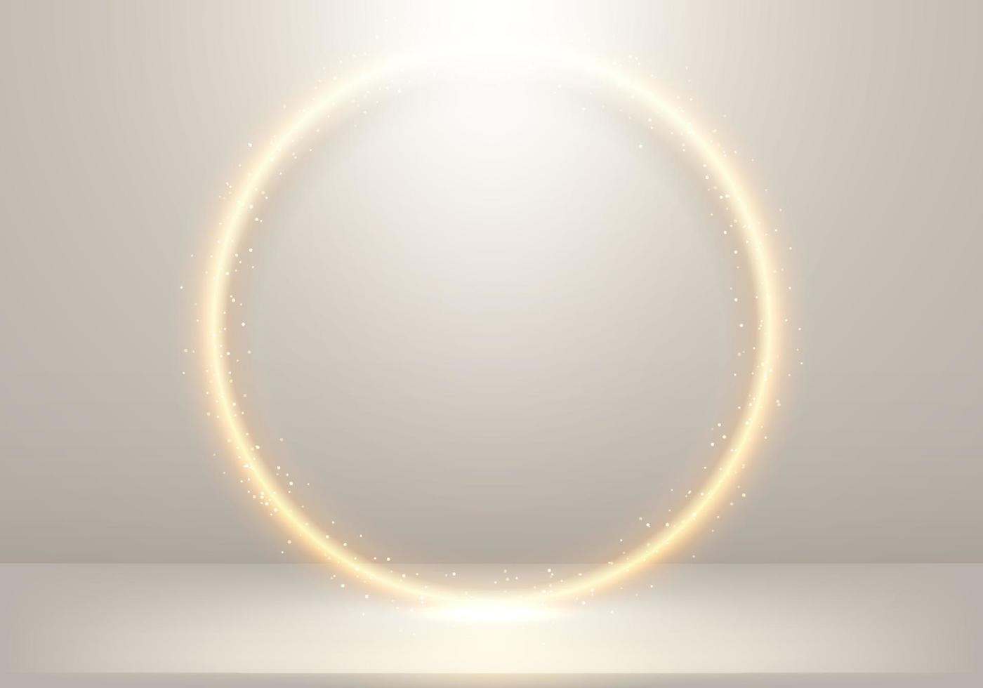 3D-elegante gloeiende gouden cirkel met verlichting en gouden glitter op podium beige achtergrond vector