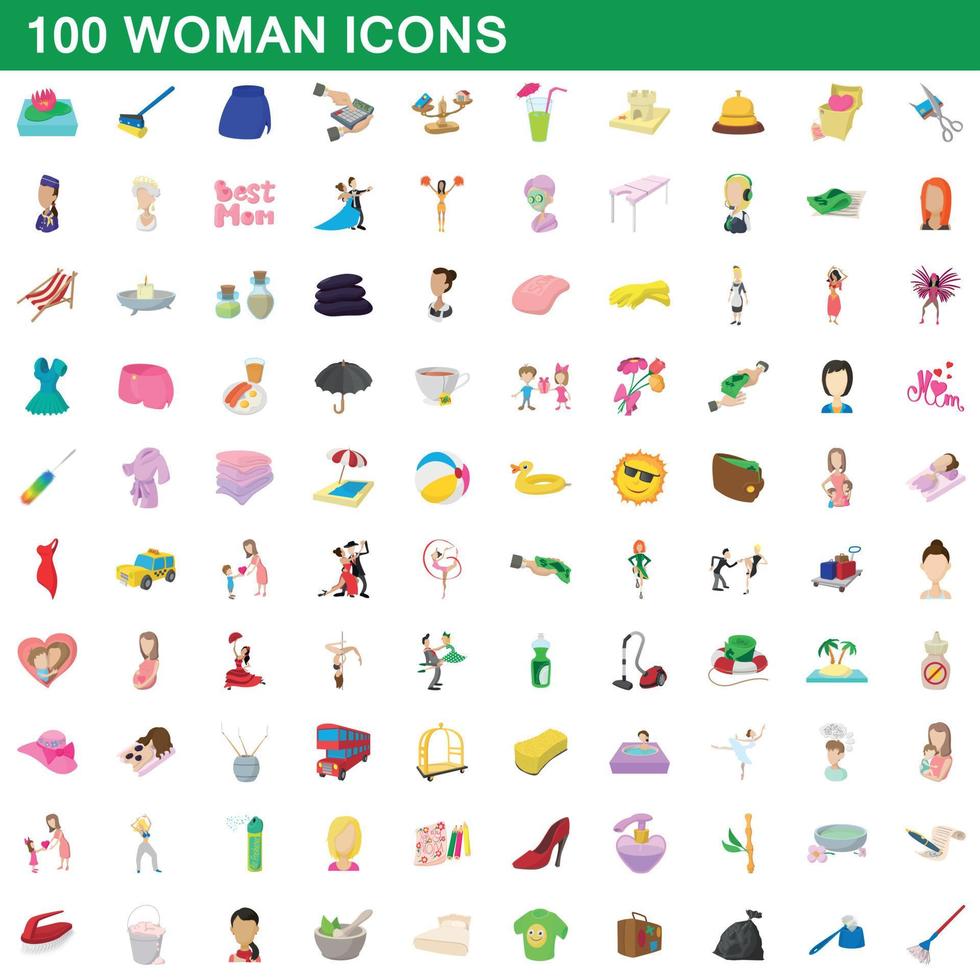 100 vrouw iconen set, cartoon stijl vector