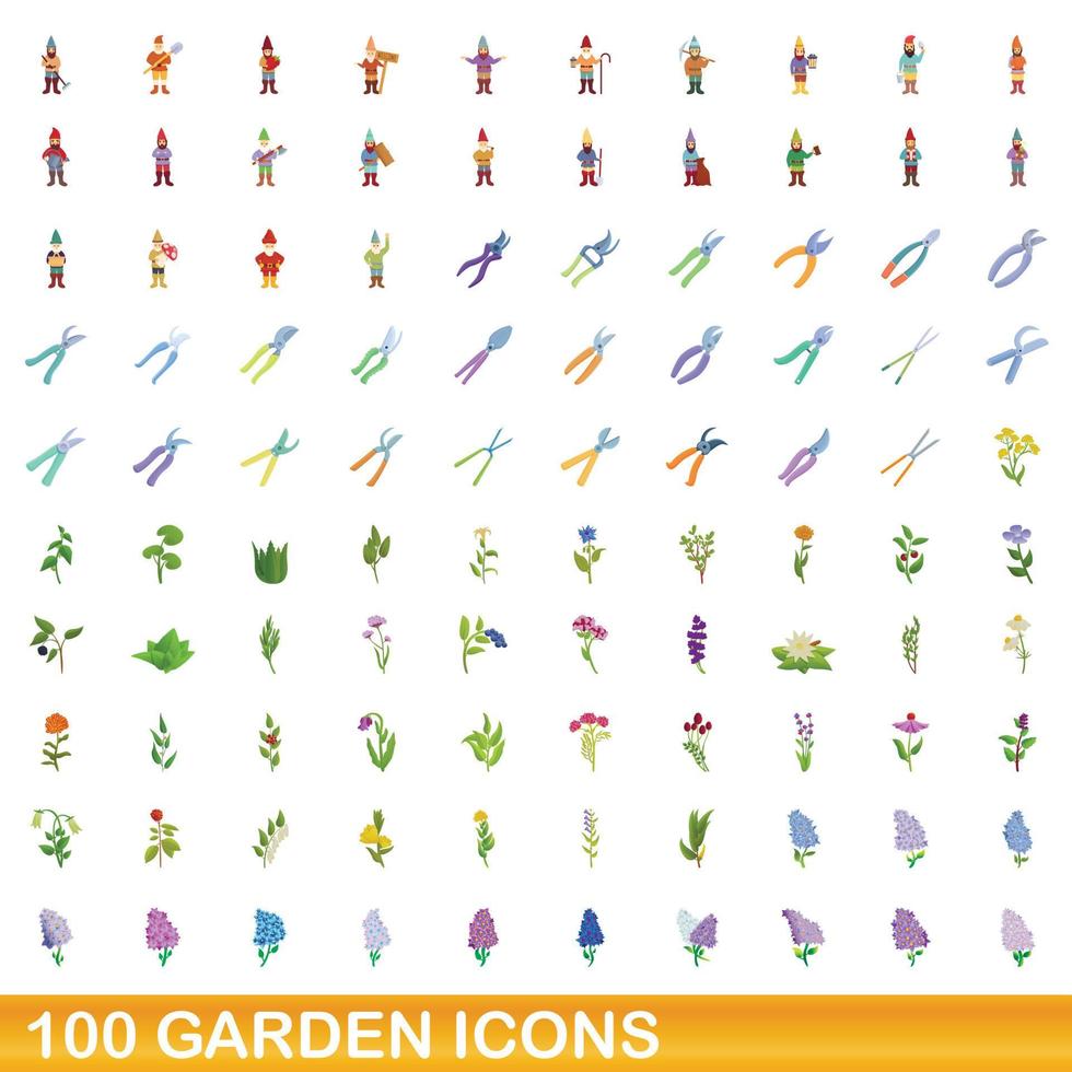 100 tuin iconen set, cartoon stijl vector