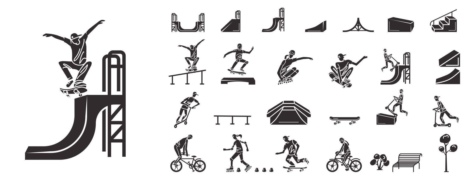 skatepark iconen set, eenvoudige stijl vector